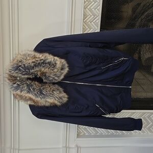 Whitehouse black market size S navy blue bomer jacket with detachable fur collar